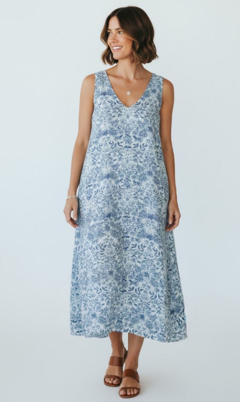J. Jill Love 100% Linen Blue Floral V-Neck Maxi Dress Size Large Casual Boho